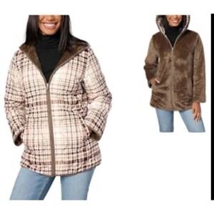 Susan Graver Reversible Hooded Jacket Brown Plaid Quilted Faux Fur Coat Womens M